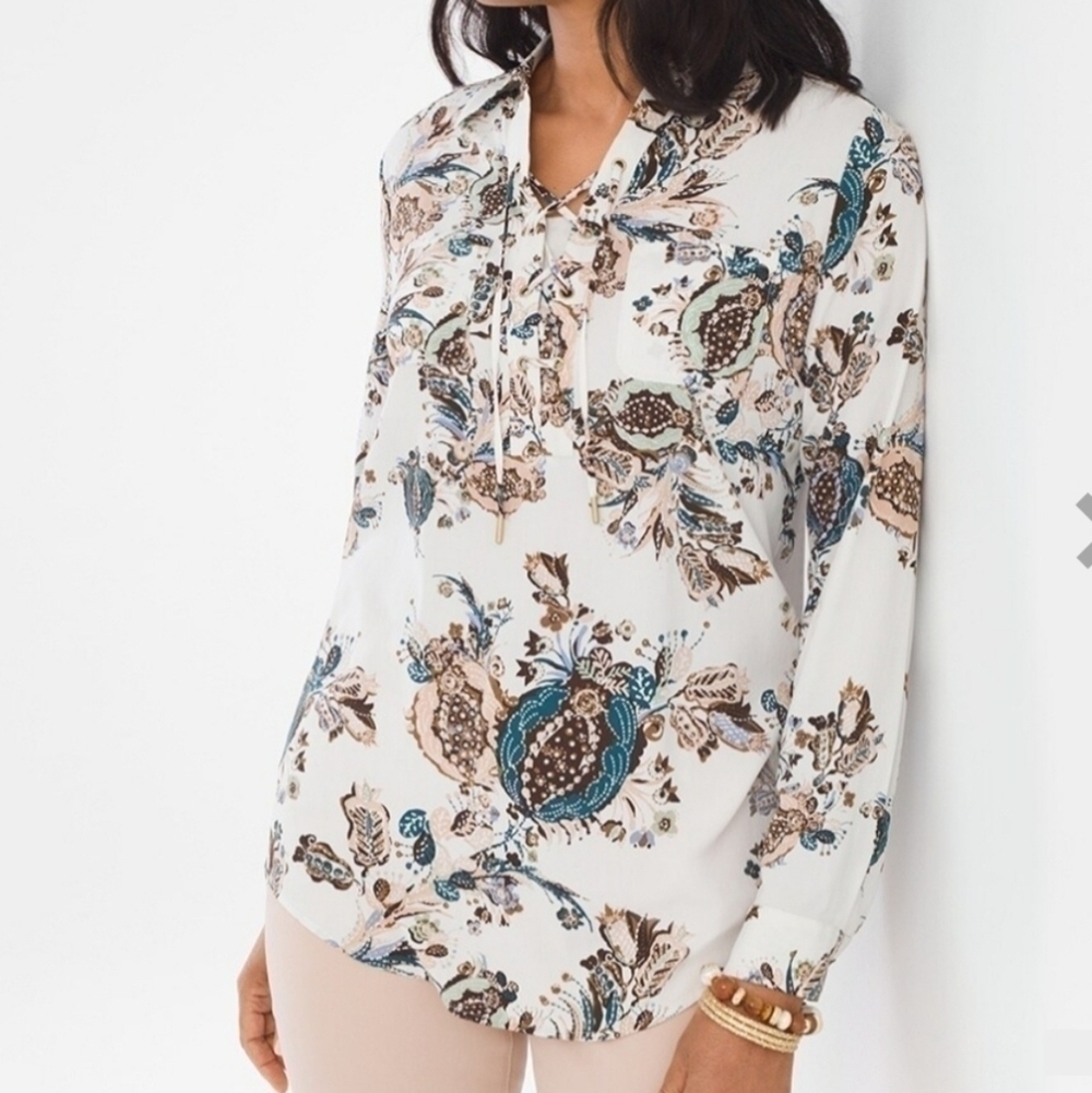 Silky Soft Botanical Lace-Up Tunic Top Floral Lagenlook Coastal Career Medium